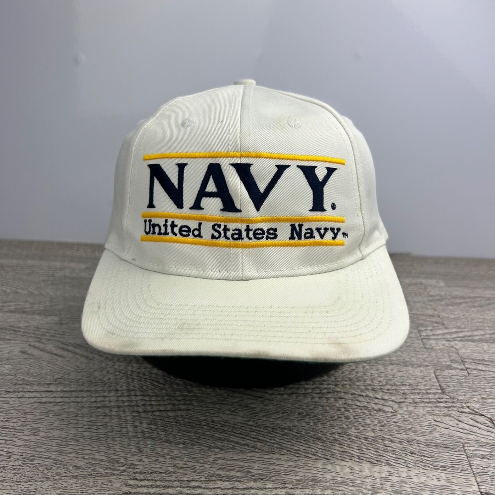 Vintage 90s United States Navy Hat Cap Snap Back Adjustable White Military Men's